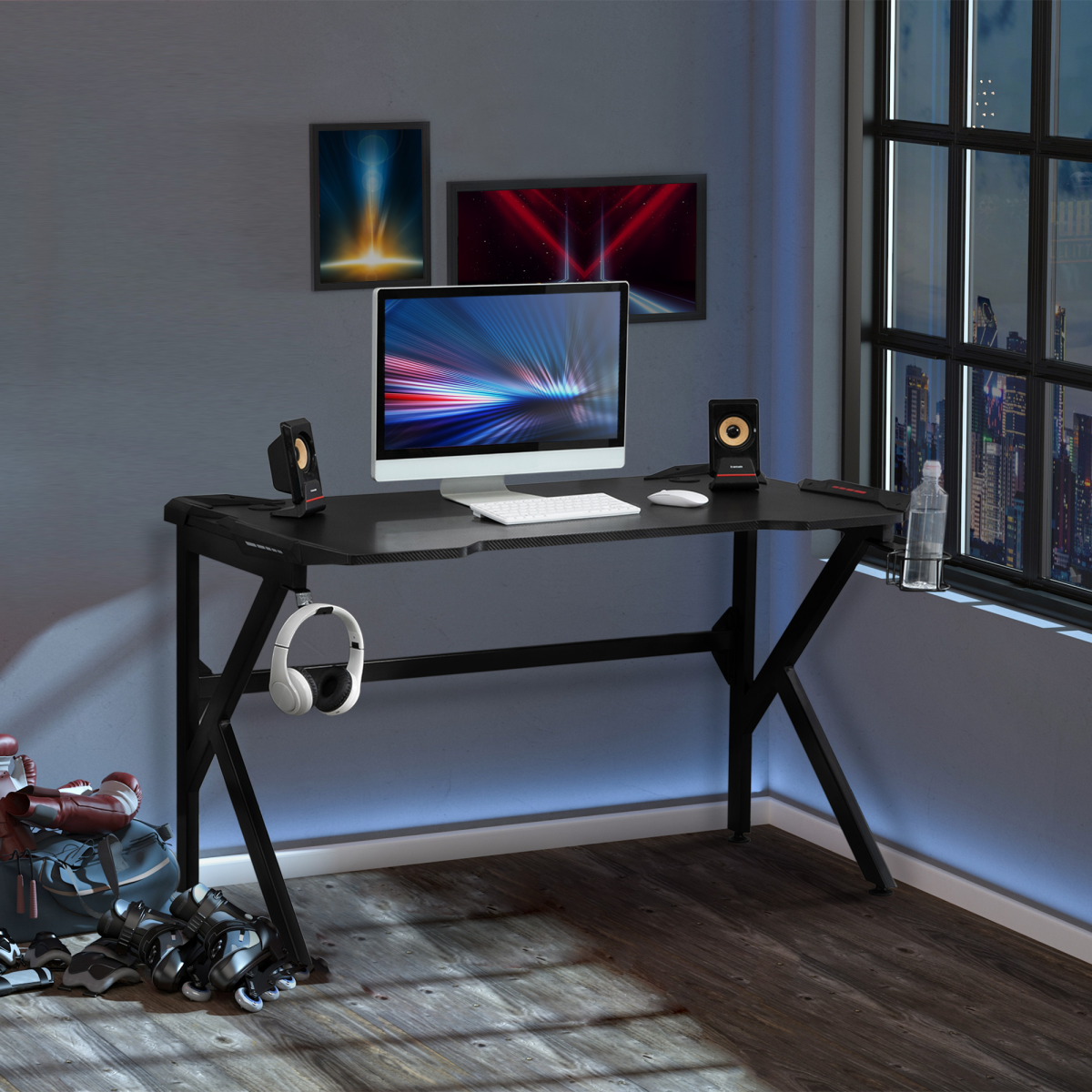 Spacious Gaming Desk Home Racing w/ Steel Frame Cup Headphone Holder Hook