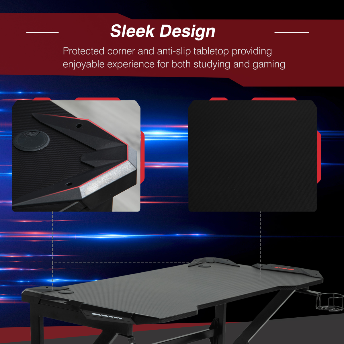 Spacious Gaming Desk Home Racing w/ Steel Frame Cup Headphone Holder Hook